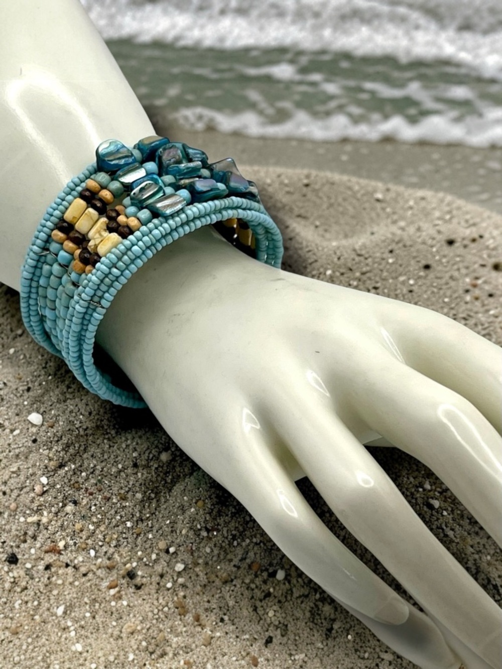 Beach Boho Multi Strand Shell and Glass Bead Persa Cuff Bracelet Handcrafted